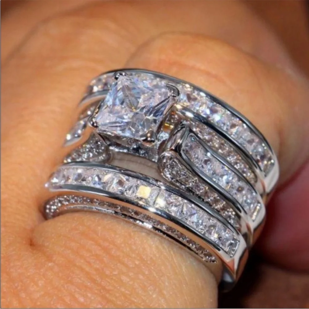 NEW LUXURY 3PC/SET 925 STERLING SILVER DIAMOND RING - Picture 3 of 3